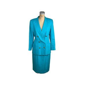 1980s Oleg Cassini suit turquoise blue double breasted Size 8 Size M